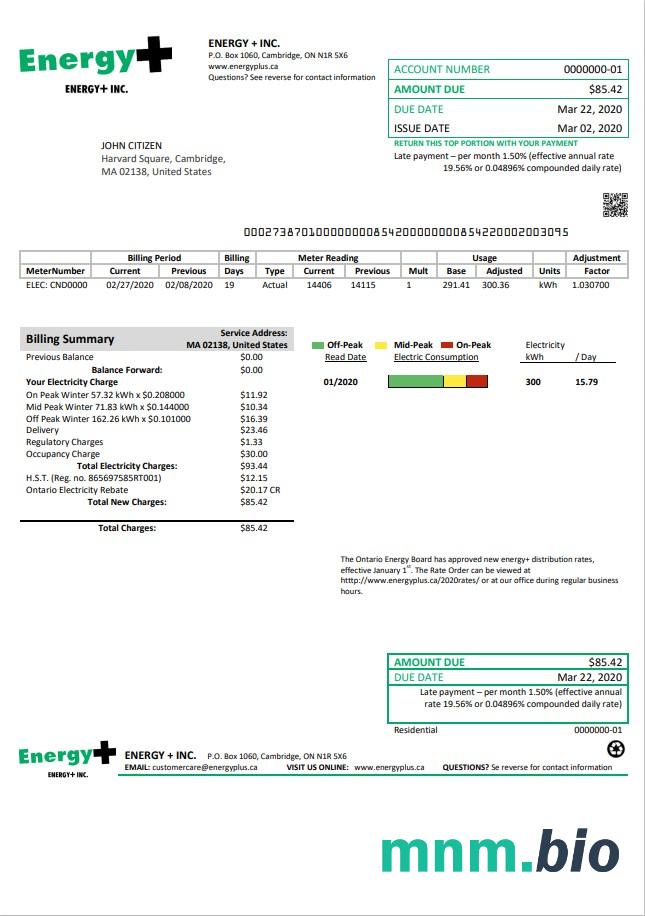USA Massachusetts Energy Plus szablon rachunku za energię elektryczną w formacie Word i PDF
